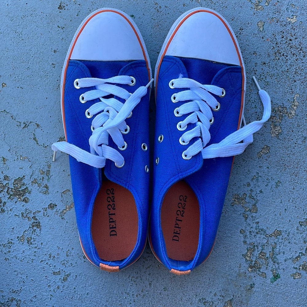Orange and blue tennis shoes